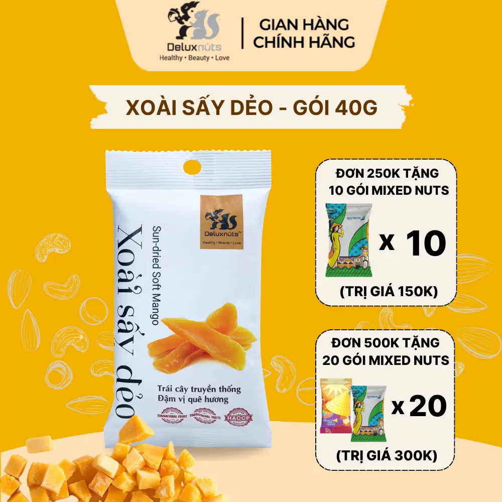 Gói Xoài Sấy Dẻo 40g Deluxnuts | Hạt Dinh Dưỡng, Snack Ăn Vặt (Gói 40g)