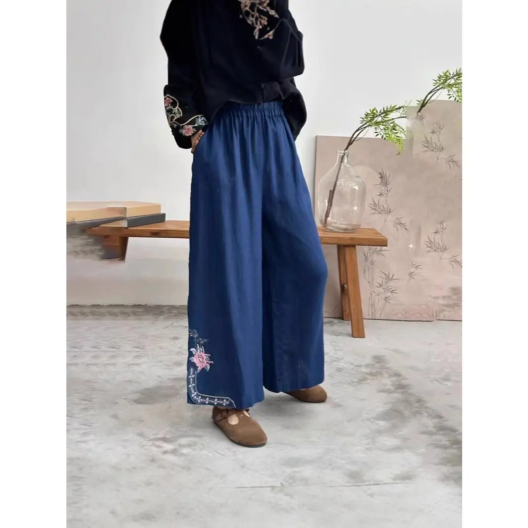 Quần Nữ, Mỏng Mùa Hè, Làm Bằng Bông Và Vải Lanh, Kiểu Cropped Xén, Ống Rộng, Thêu Nghệ Thuật, Phong Cách Cổ Điển, Thiết Kế Dân Tộc, Dáng Rộng Vừa Vặn, Quần Thường Ngày quần  sọc  caro  xoài  phạm