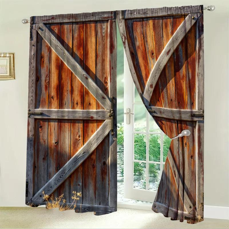 Wooden Door Pattern Printed Curtain, 1 Set Rustic Style Door Curtain with Lock, Home Decor for Living Room Bedroom, Room Divider Curtain 6