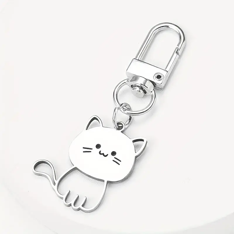 1pc Silvery Cute Cat Keychain Cartoon Animal Stainless Steel Keyring Backpack Hanging Pendant Bag Charms Gifts For Women Girls 1
