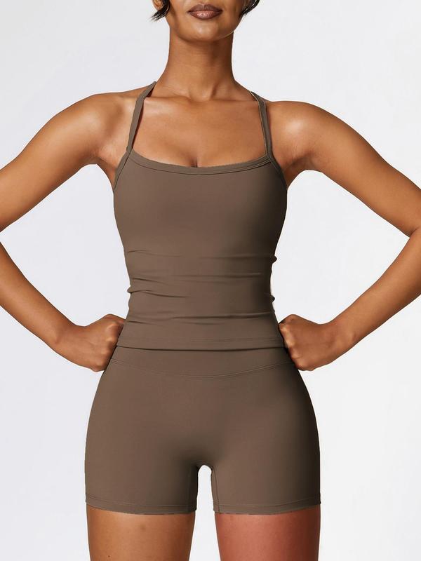 VoleFox Two Pieces Women's Solid Backless Tracksuit Set, Spaghetti Strap Cami Top & High Waist Skinny Shorts, Ladies Sportswear, Summer Outfits 2024_voghion.com
