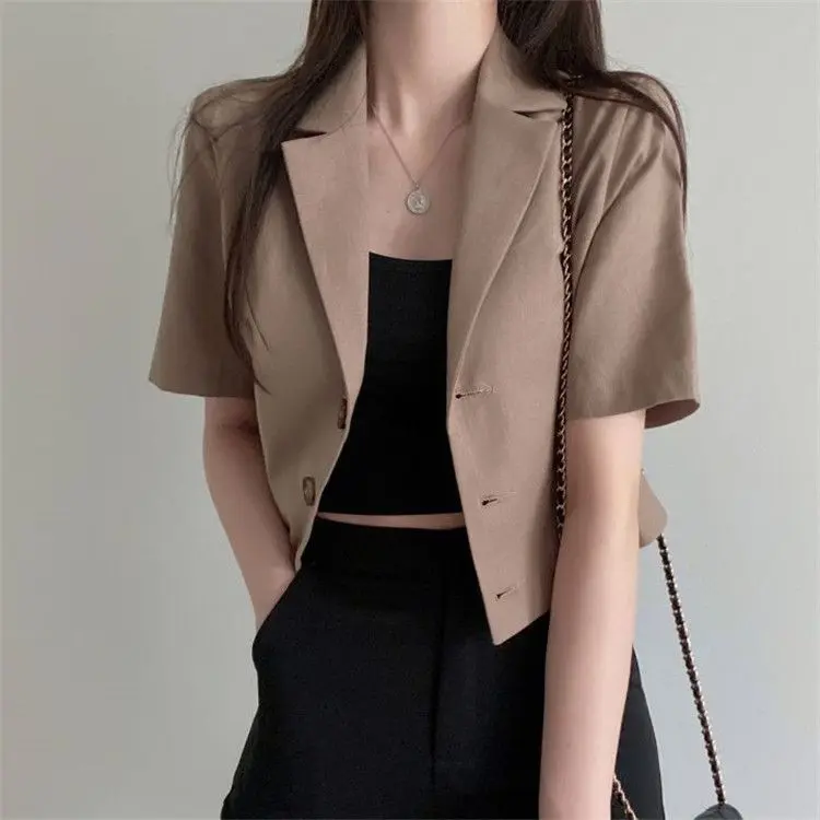 Áo Blazer Cropped Xén, Áo Sơ Mi Công Sở Thường Ngày Cho Nữ, ngắn Tay, Áo Khoác Hàn Quốc, Thời Trang Mới, Thích Hợp Cho Mùa Hè