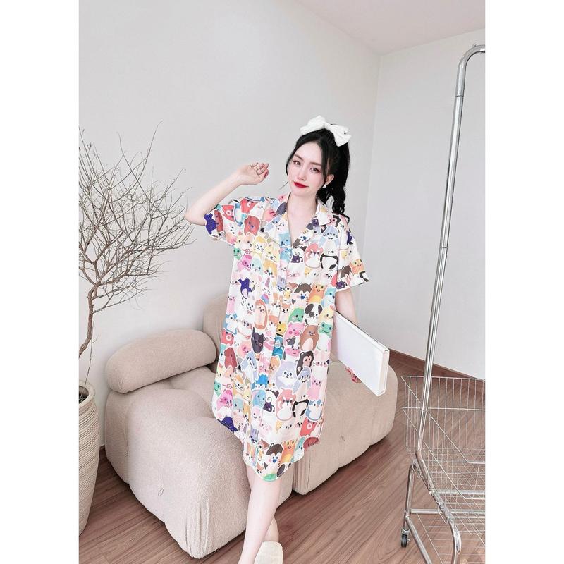 (chubby) Đầm váy ngủ sơ mi lụa  dễ thương dáng rộng bigsize 50-95kg, váy ngủ lụa cute đầm bầu mặc nhà xinh giá rẻ Nữ Nhung 1
