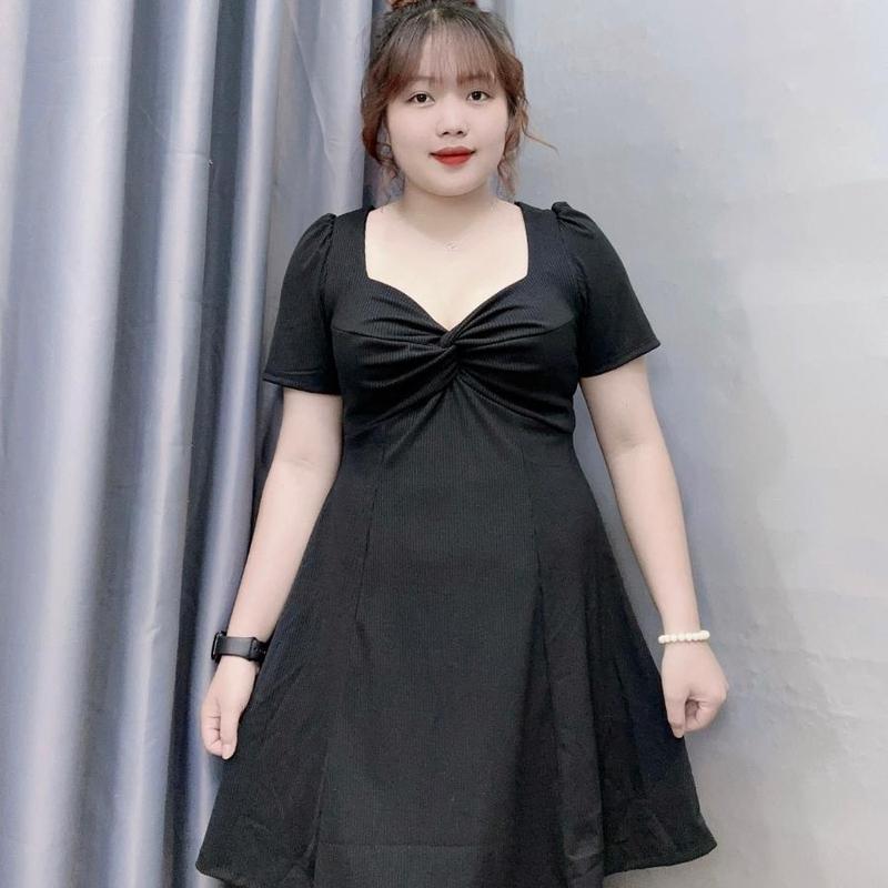 Đầm thời trang Bigsize tay ngắn liền thân cúp ngực cổ xoắn dáng xòe, Váy big size chất gân tăm co giãn sang trọng trẻ trung G81 1
