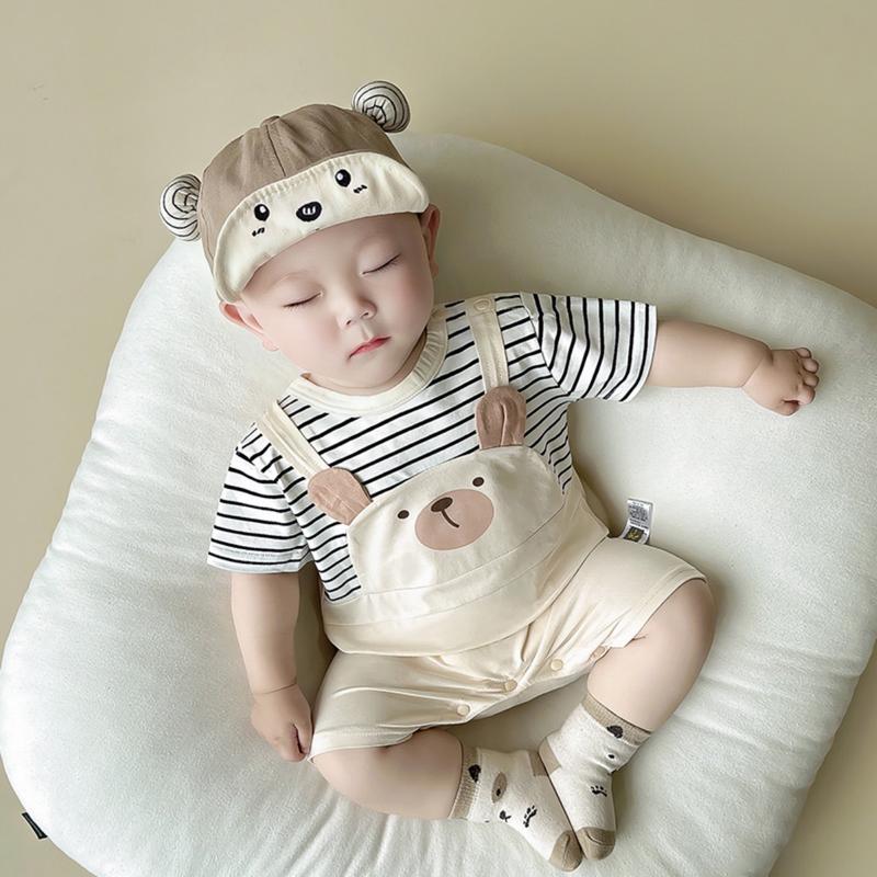 Áo Liền Quần ngắn Tay Cho Em Bé Trai Và Bé Gái, Hàng Mới Về Mùa Hè, INS, Làm Bằng Bông, Có Nối Hình Gấu Nhỏ Thiết Kế Hoạt Hình, Thích Hợp Cho Em Bé 0-18 Tháng 2