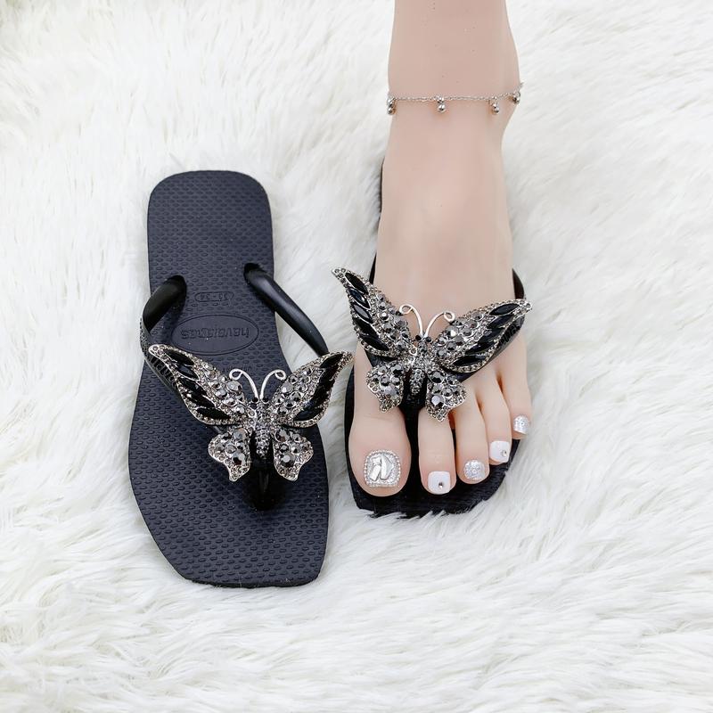 DÉP NỮ HAVAIANAS - ĐẾ VUÔNG ĐEN ĐÍNH CHARM ĐÁ ( THU HƯỜNG ) DéP GiàY dép tông cao su Nhung Sandal QUAI CHỮ T Shoes Jean