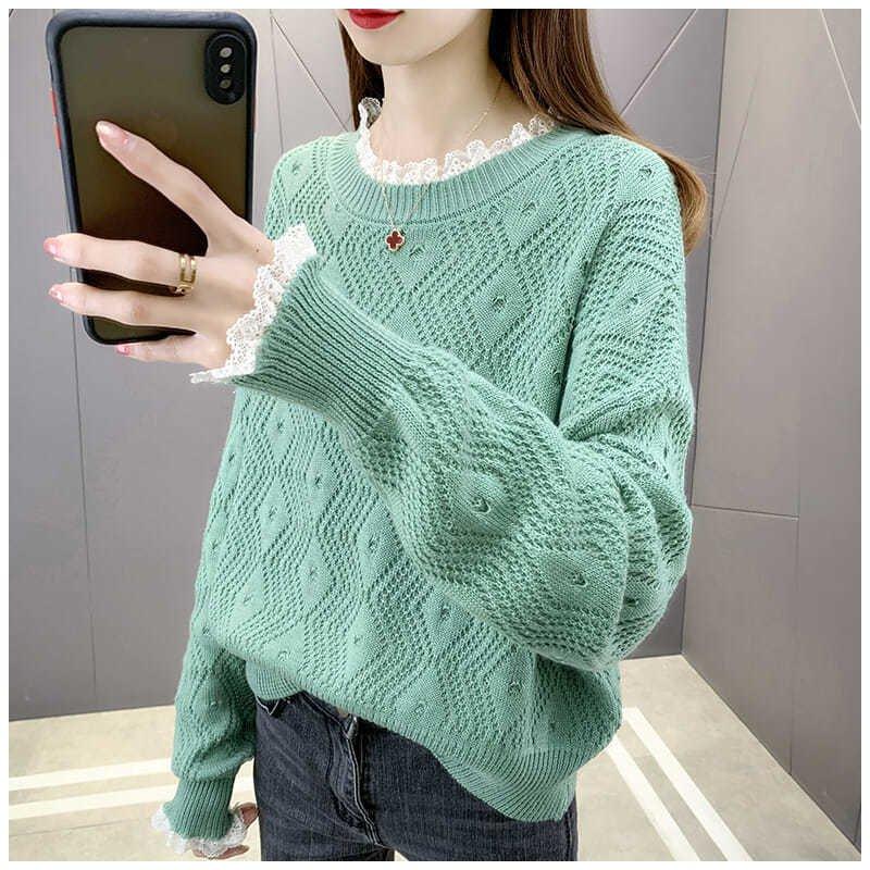 Áo len nữ cổ tròn dài tay pha ren 0