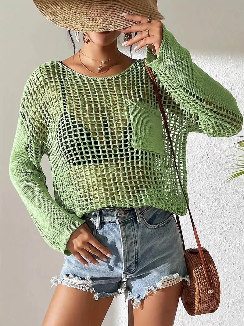 Product Introduction of Women's Plain Hollow Out Pocket Sheer Drop Shoulder Sweater, Casual Long Sleeve Crochet Jumper for Summer, Fashion Women's Knitwear for Daily Wear 3