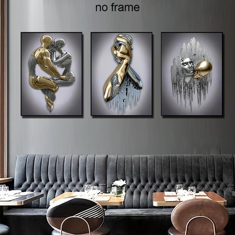 3D Metal Sculpture Statue Couple Pattern Canvas Wall Art without Frame, 3 Counts Modern Simple Wall Art Painting, Wall Art Decor for Home Living Room Bedroom 5