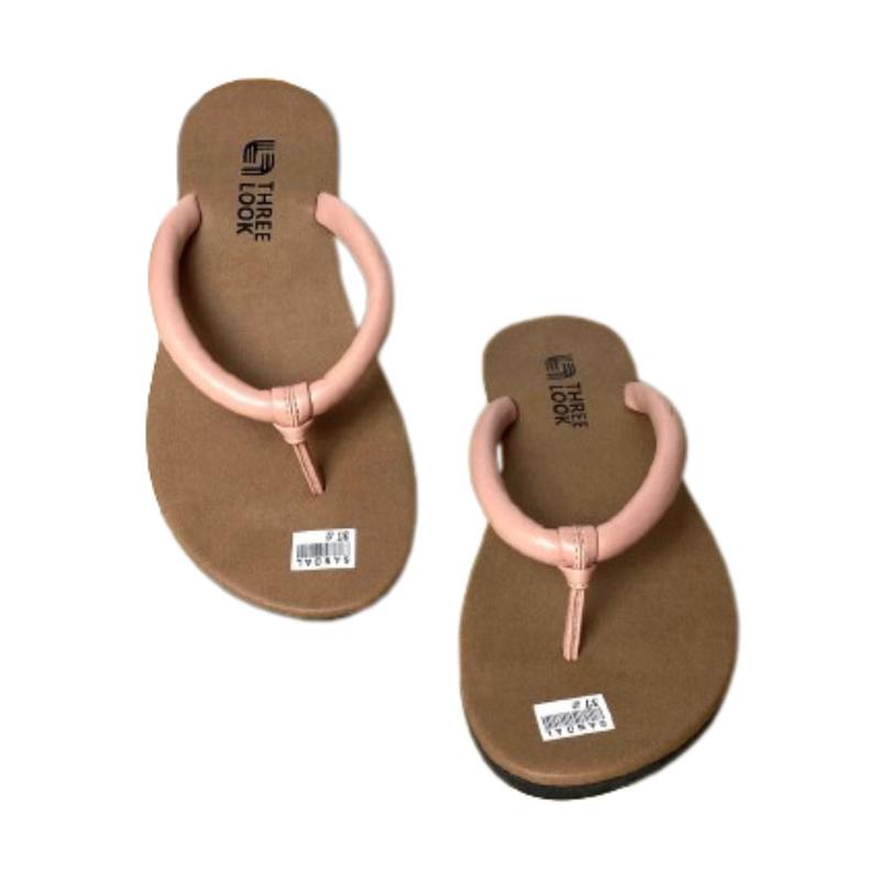 Sandal Wanita Jepit Teplek Flat Kekinian Karet Kulit Sintetis Threelook - Jamilah Pink Putih 1