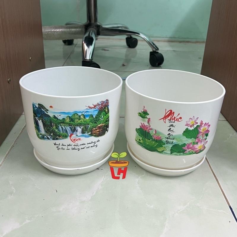 Chậu nhựa trồng cây tròn giả sứ size lớn kèm dĩa, nhựa bóng đẹp dày cao cấp