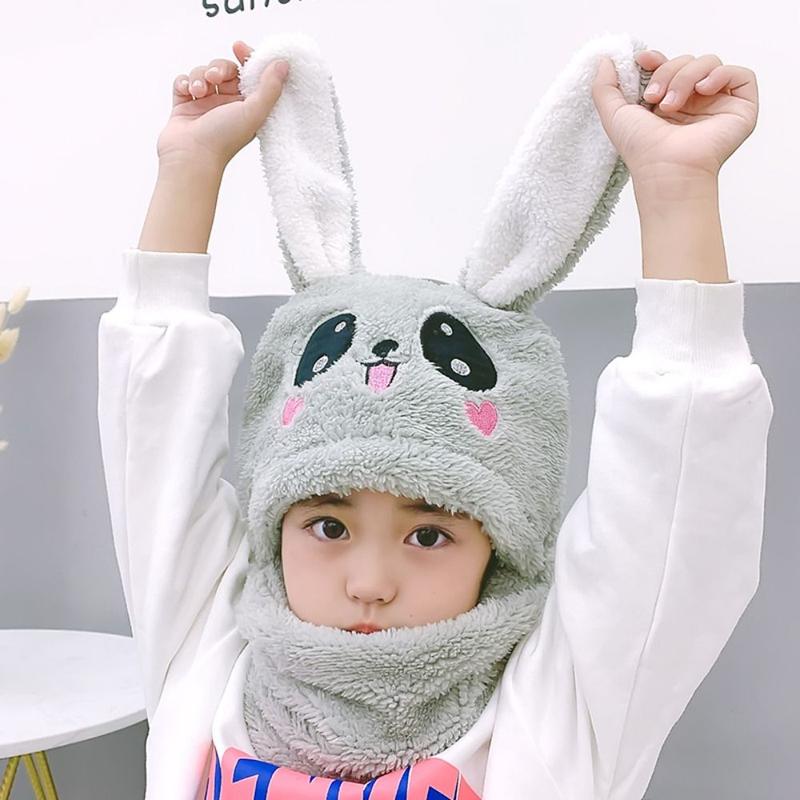 Winter Cartoon Rabbit Coral Velvet Cap Plush Balaclava Kids Caps Double Fleece Warm Neck Cap Children 4