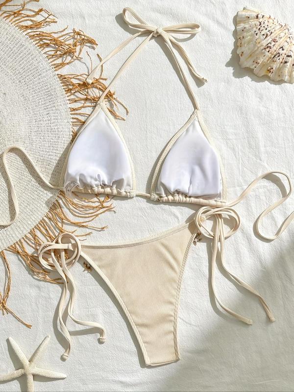 Women's Solid Color Starfish & Conch Decor Halter Triangle Bikini Set, High Stretch Casual Fashion Tie Back Backless Swim Top & Tie Side Swim Bottom, Ladies Swimsuit for Beach Holiday Vacation 1