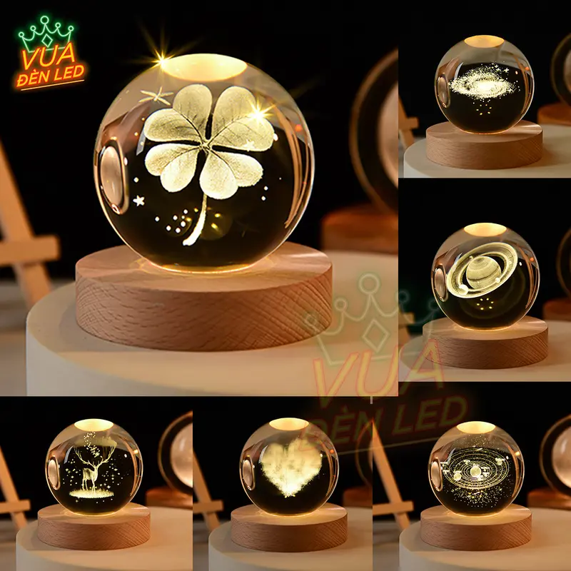 Đèn Ngủ Quả Cầu Pha Lê 3D Phát Sáng, Trang Trí Decor Phòng Ngủ, Làm Quà Tặng