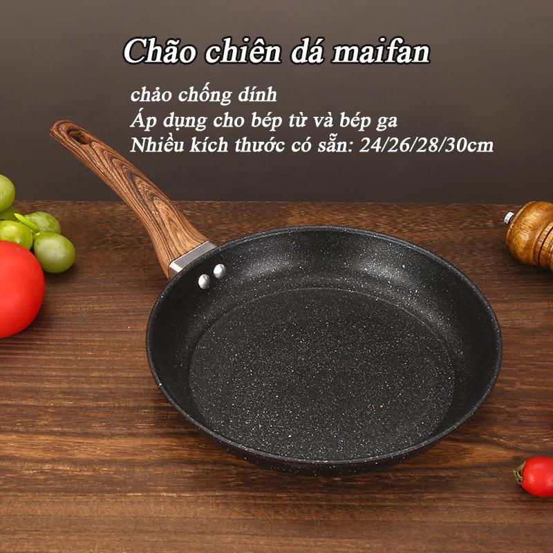 Chảo chống dính đá y tế chảo chống dính cao cấp Tay cầm chống bỏng bằng gỗ Phù hợp với bếp từ và bếp gas chảo đá nướng