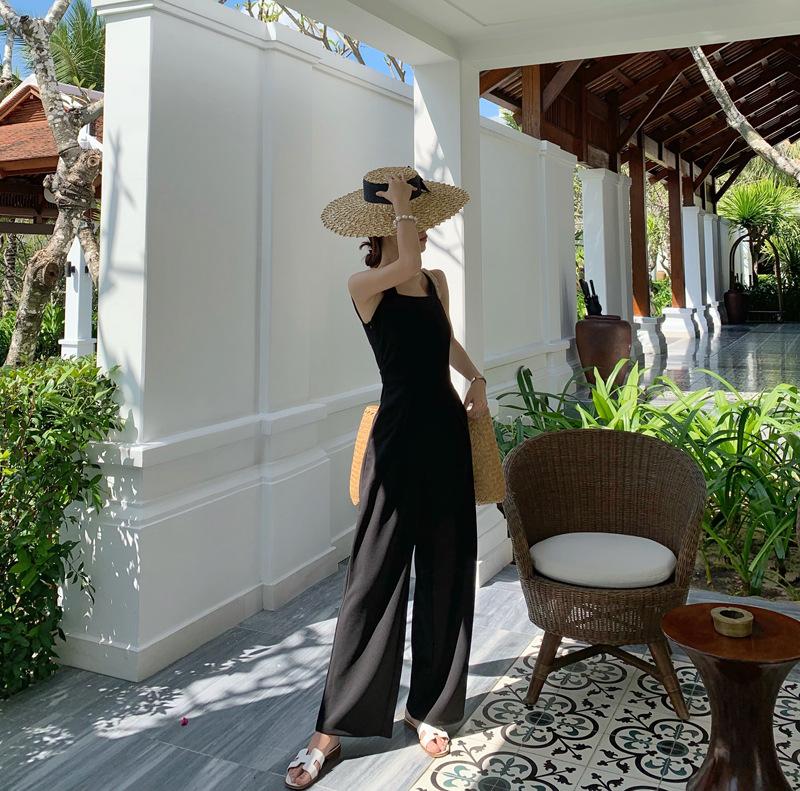 Product Introduction of Jumpsuit Women'S Black High Waisted Wide Leg Open Back Style Jumpsuit Loose Straight Leg Strap Pants 42
