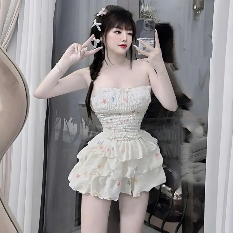 SET123 Set Áo Ống Nhún Chỉ Họa Tiết Chân Váy Tầng Nữ Women 5