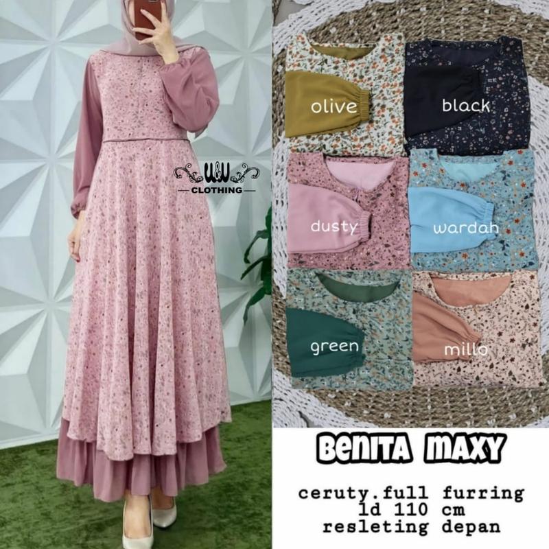 Product Introduction of Benita Maxy Dress Busui Resleting Depan Gamis Ceruty Full Furing  Gamis Kondangan Penikahan Motif Bunga Mewah Elegan Best Seller 20