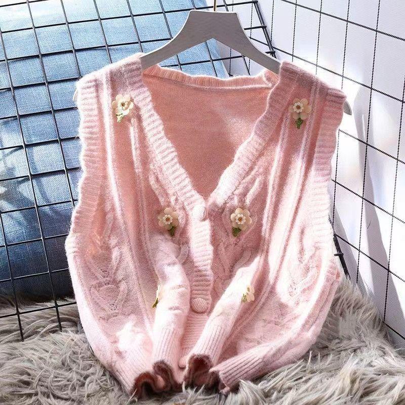 Áo Vest Dệt Kim Thêu, Cổ Chữ V Nhẹ Nhàng, Dáng Rộng Vừa Vặn, Dành Cho Nữ, Hàng Mới Về Mùa Thu, Áo Mặc Bên Ngoài Hàn Quốc, Áo Len Không Tay Áo Cardigan Women Top 7