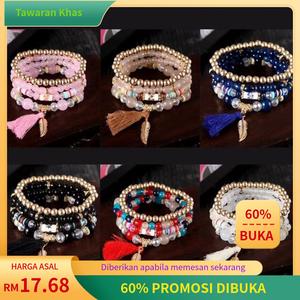 Gelang Tangan Etnik Berbilang Lapisan, Barang Kemas Ximia, Set Empat Keping Bergaya, Gelang Daun Rumbai, Gaya Panas Tebal, Reka Bentuk Manik Bangles Bracelets Jewelry red  thread  bracelet gelang  ungu  pasien