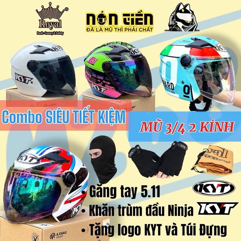 COMBO ĐI PHƯỢT SIÊU TIẾT KIỆM MŨ 3 4 2 Kính Royal M268 lên logo KYT khăn trùm đầu Ninja Găng tay 5.11 ngắn ngón và Túi đựng nón Royal Mũ Bảo Hiểm