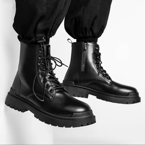 Giày bốt nam combat boot zip Black Panther tăng chiều cao 5 cm full black A008