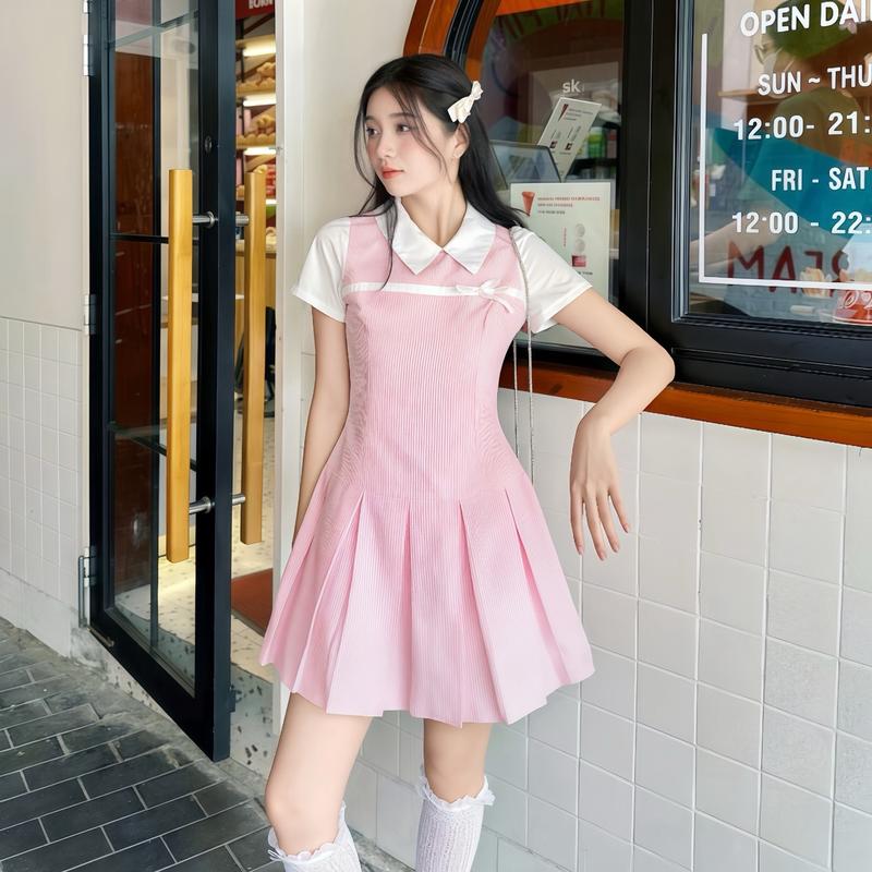 D06 Váy polo sơ mi kẻ hai màu dáng ngắn xoè phối nơ HABII Nữ Dress Women