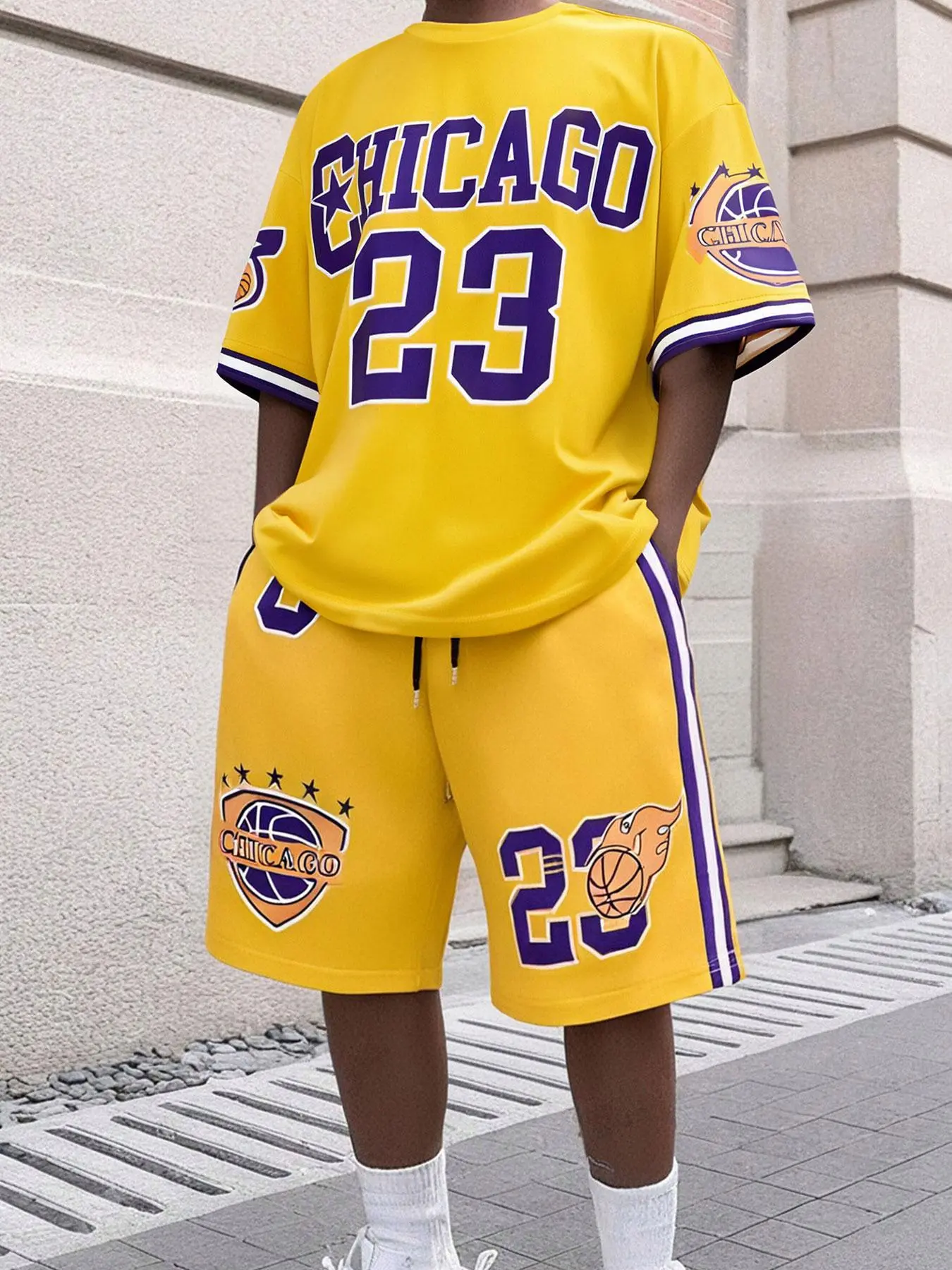 Two-Piece Set Men's Regular Fit Basketball Print Short Sleeve T-Shirt & Shorts, Casual Round Neck Tee & Shorts, Men's Two-Piece for Spring & Fall