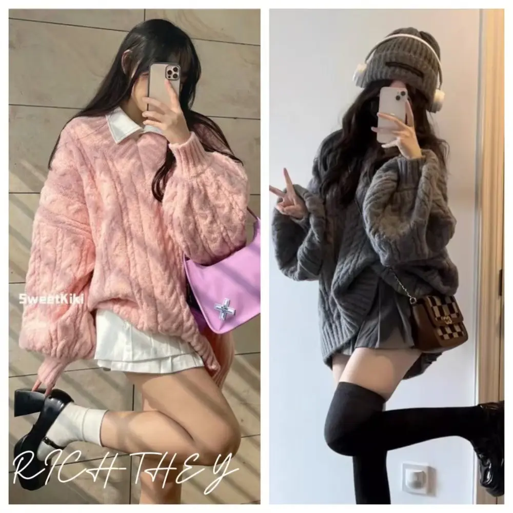 RICH-THEY Áo Len Dáng Rộng Cổ Chữ V Dày Dặn Áo Len Cardigan Dệt Kim Mới Thời Trang Thu Đông Dành Cho Nữ