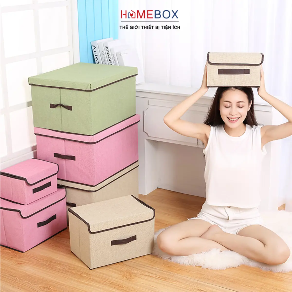 COMBO 2 Hộp vải đựng đồ đa năng đựng quần áo đồ lót gấp gọn - Giỏ thùng vải đựng đồ có nắp đậy quai xách tiện lợi hộp  dung