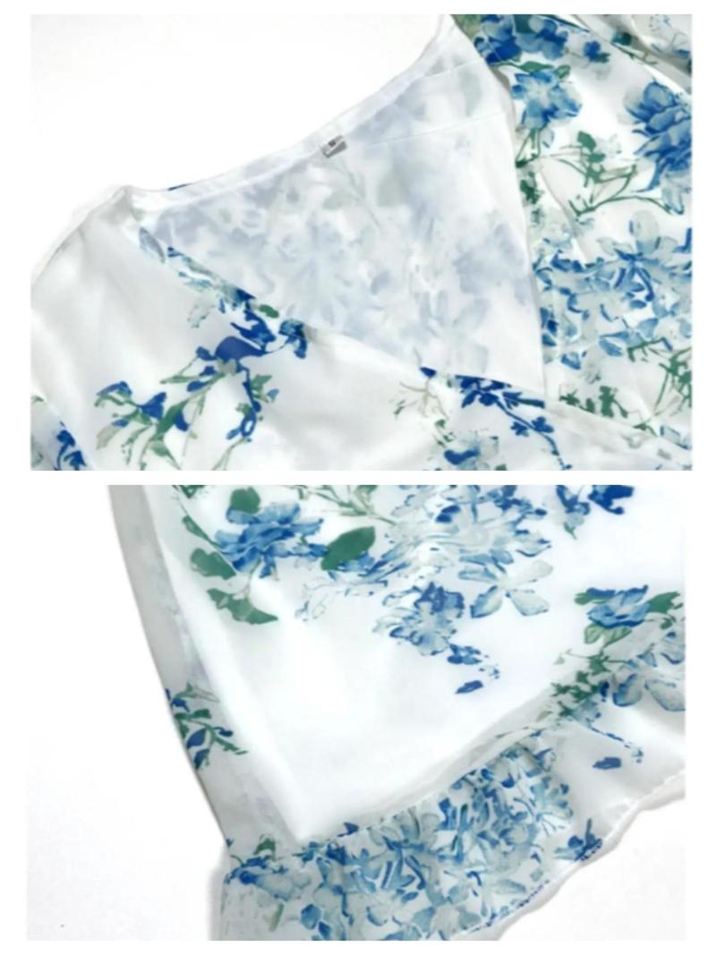 Product Introduction of Women's Ditsy Floral Print V Neck Short Dress, Elegant Flounce Sleeve Tie Waist Dress for Summer, Ladies Clothes for Beach Holiday 6