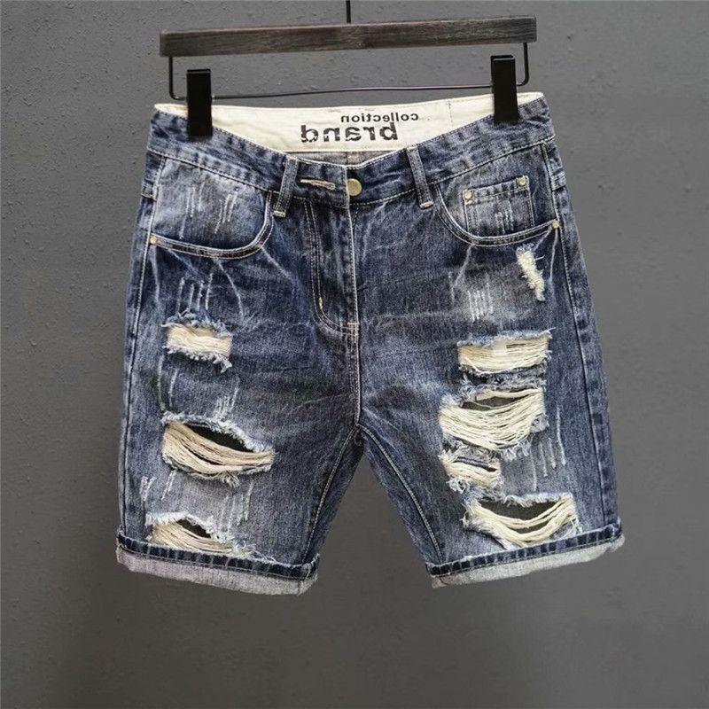 Quần short denim ráchThương Hiệu Thời Trang dành cho nam giới, quần ăn xin ngắn hợp thời trang, retro, kiểu Hàn Quốc, ống quần ôm vừa vặn, mùa hè
