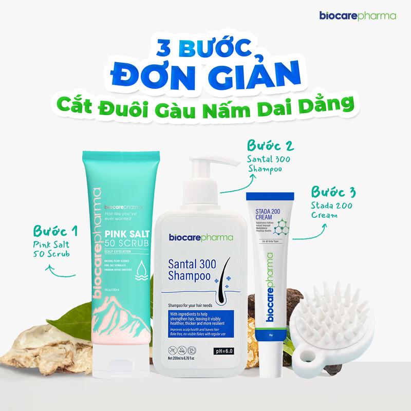 Combo Gàu, nấm, ngứa, bết Bio care pharma : 1 tẩy tế bào muối hồng, 1 dầu gội gàu nấm, 1 kem nấm [ tặng 1 lược gội đầu ]