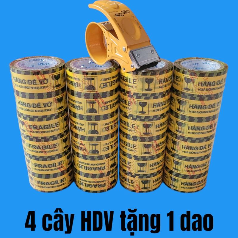  4 cây băng keo hàng dễ vỡ,loại 100y 1kg cây loại in chữ hàng dễ vỡ song ngữ 1 cây 6 cuộn và tặng dao cắt băng keo màu vàng đen năm 2025 băng  keo 
