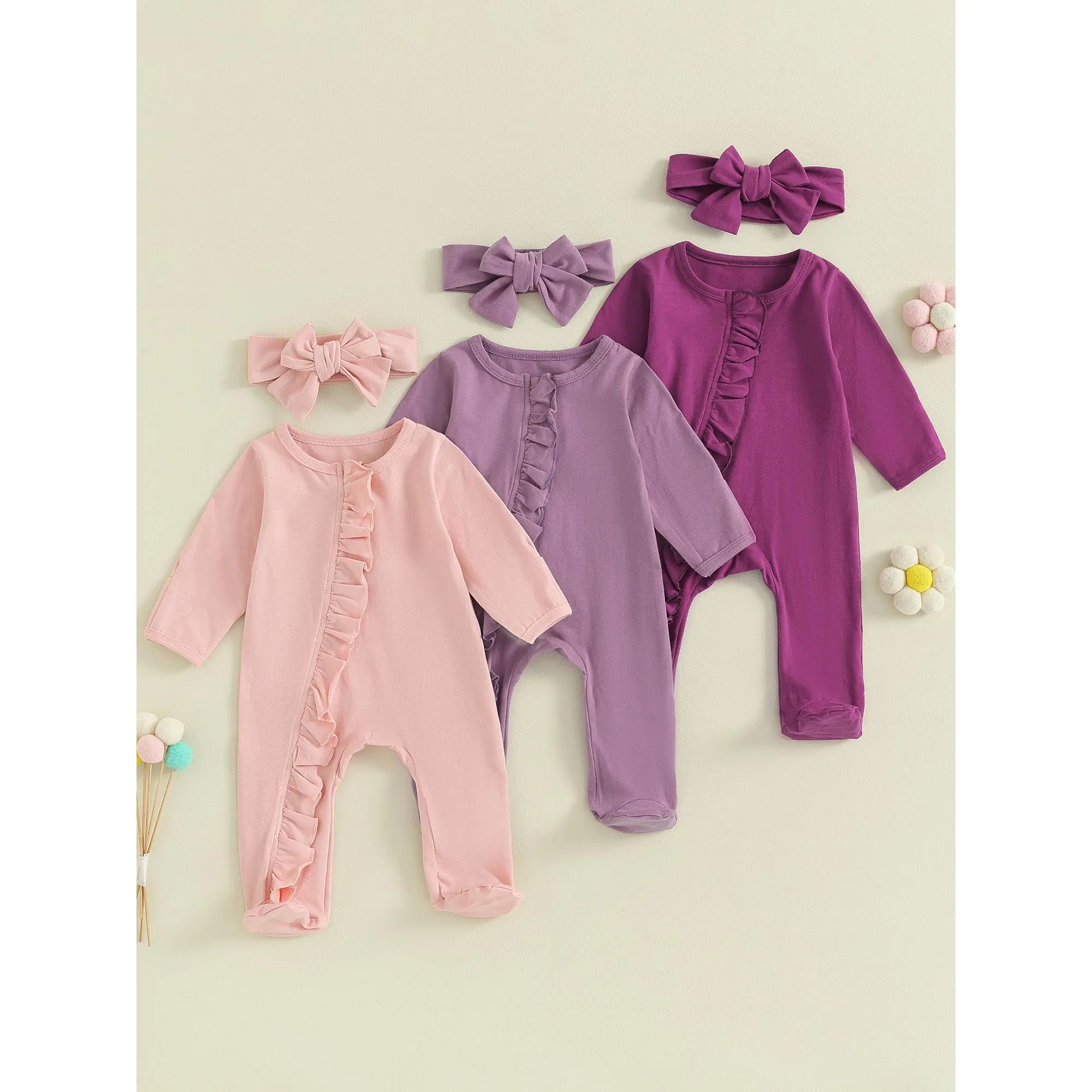 Baby Girls 2 Piece Outfits Solid Color Long Sleeves Footed Zipper Romper and Cute Headband Set for Toddler Infant