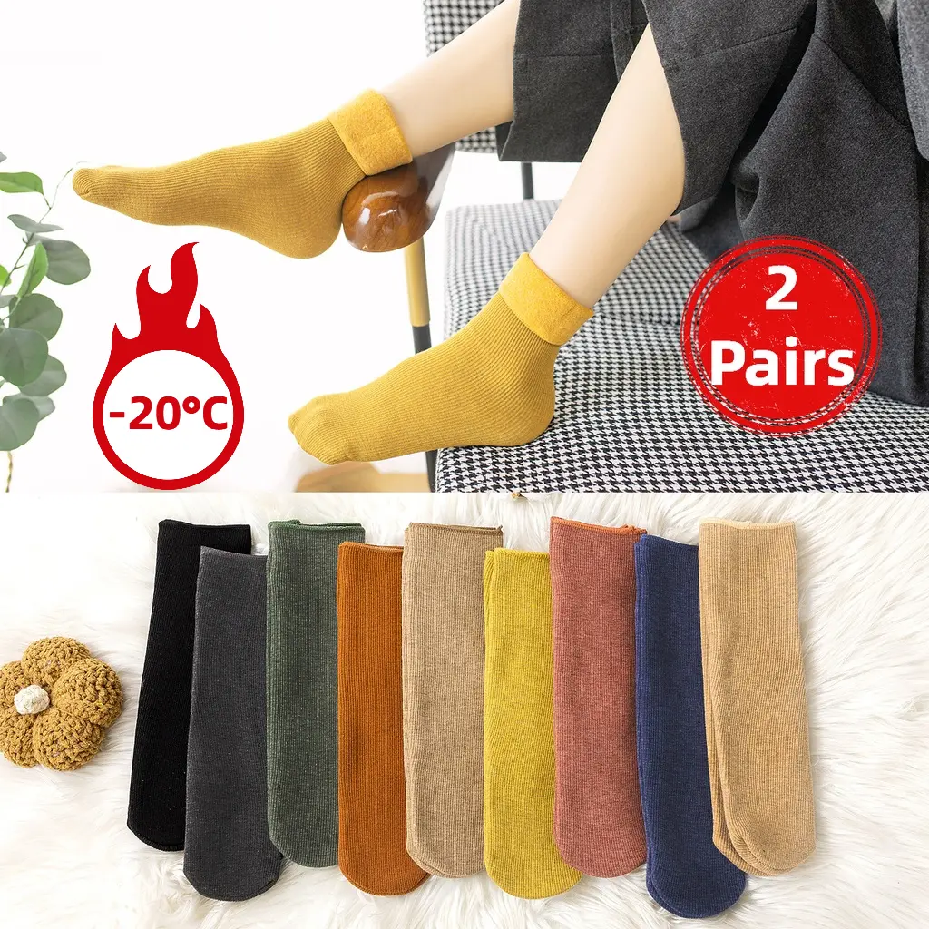 【2 Pairs】Women's Winter Socks Middle Tube Cashmere Snow Socks Warm Solid Color Velvet Thickened Pile Socks