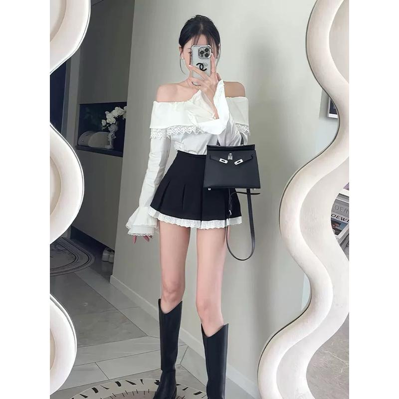 Set áo sơ mi trễ vai chân váy dập ly phối ren