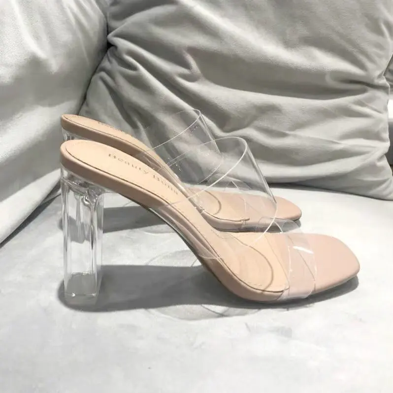 2023 new summer new hot style fairy style transparent sandals female thick heel mid-heel with high heels