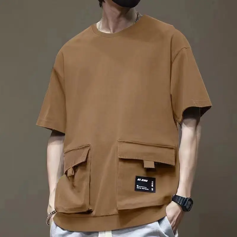 Áo Thun ngắn Tay Túi Hộp Chức Năng, Màu Xanh Quân Đội Mùa Hè, Dành Cho Nam Giới, Dáng Rộng Vừa Vặn, Ngoại Cỡ, Phong Cách Nhật Bản, Thương Hiệu Hợp Xu Hướng, Ngoại Cỡ, Có Túi Ba Chiều Tay Lửng, Thích Hợp Cho Nam Giới