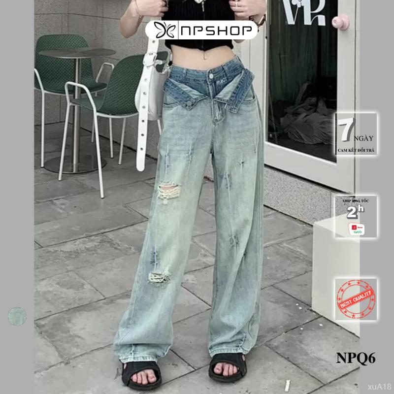  Quần jean nữ ống rộng lưng cao phối rách quần bò cạp cao chất mềm không co giãn NPQ6 chân vá y jeans  lửng  hồng  pastel quansuong  namlun  m5  xanh  đậm  đen baggy  thấp  xám  khói  đùi  lộ  túi  bạc  trắng  suông  y2k Jean Short 