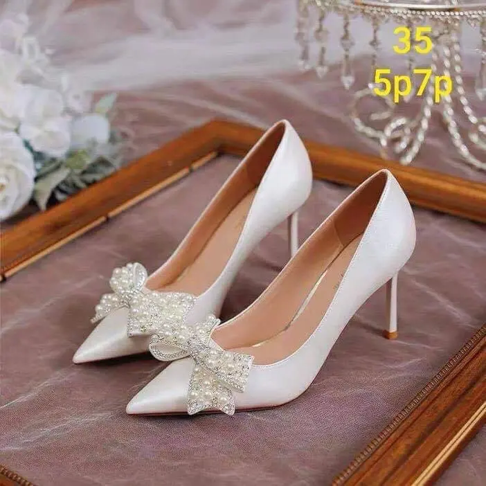 Giày cao gót nữ giày nơ đính ngọc gót nhọn 9cm và 7cm Shoes giày cưới giày  caogót 1