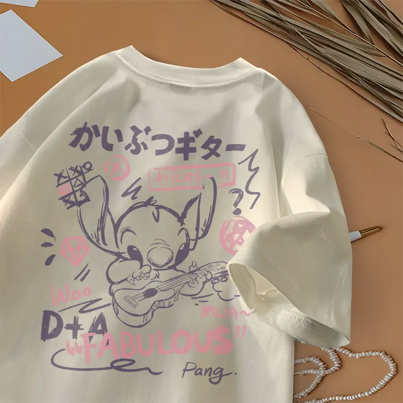 Kaos Wanita Oversize Stitch playing guitar Style baju atasan wanita terbaru | Kaos baju Wanita Cream | Cotton 0
