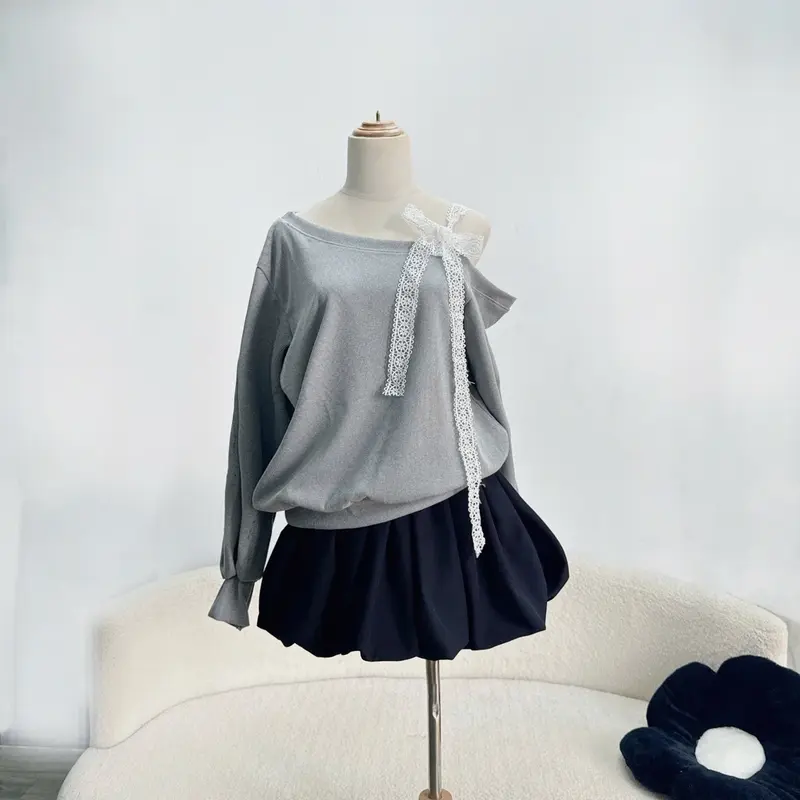 Set Bigsize CÓ LẺ ÁO (Áo + Váy) Áo Sweater Lệch Vai Dây Ren Vai Thun Nỉ Tăm Cao Cấp Phối Chân Váy Bí Ngô Dễ Thương Cho Nữ Chuppy (50-95Kg)-  Top Women 1