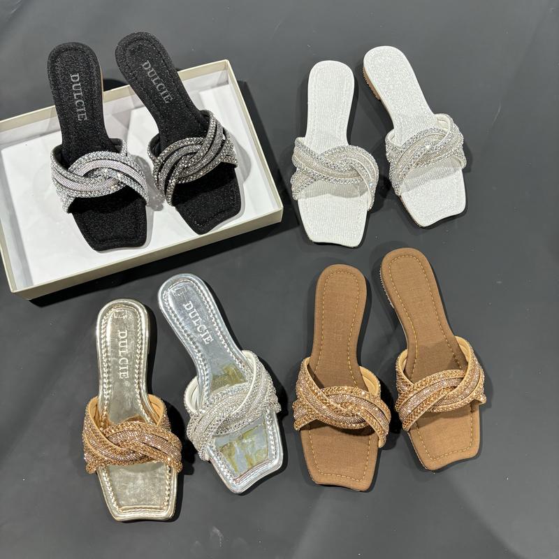 Dulcie Dép Lê Nữ, Dáng Mũi Táo, Quai Ngang 6 Dây Đá Xoắn Chéo Vào Nhau Siêu Sáng, Đế Chống Trơn Trượt DéP