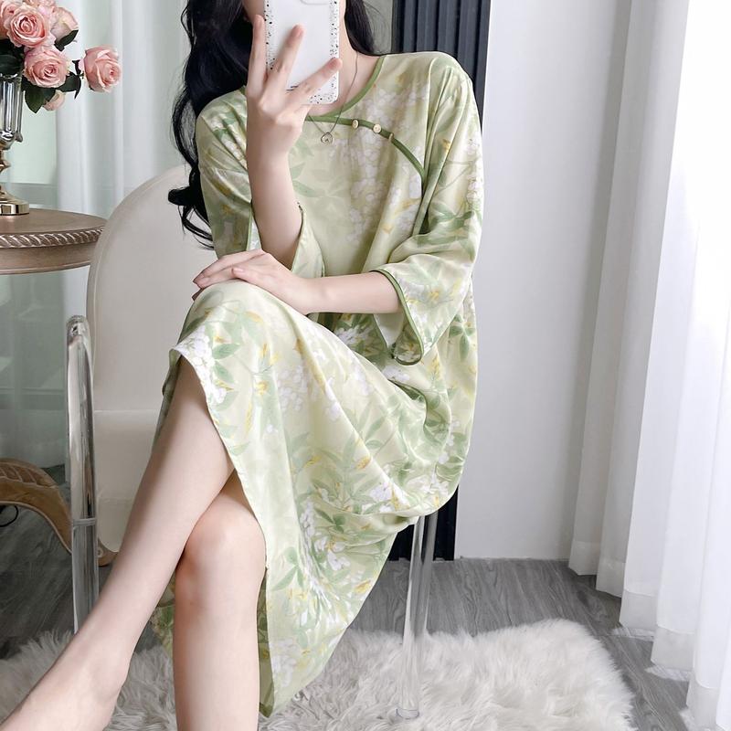 Váy Ngủ Nữ, Phong Cách Trung Quốc Mới, Chất Liệu Lụa Cotton, Tay Lửng, Mỏng Và Thường Ngày, Dáng Rộng Thích Hợp Mặc Hàng Ngày, Đồ Ngủ, Đồ Mặc Nhà, Mùa Xuân Và Mùa Hè Dress Đầm Ngủ Khuy 2