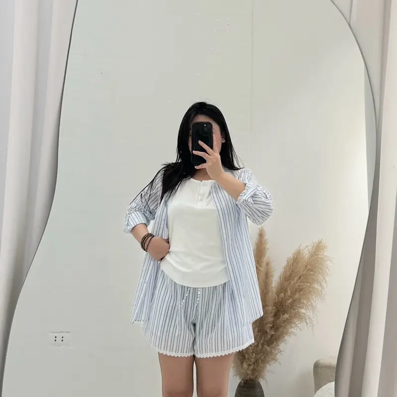 Set 3 món sơ mi kẻ sọc kèm áo ba lỗ thun tăm bigsize mã S163