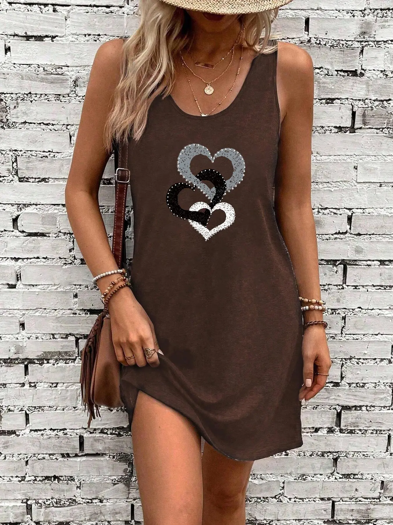 Women's Heart Print Tank Dress, Casual Sleeveless Short Dress for Summer, Ladies Clothes for Daily Wear