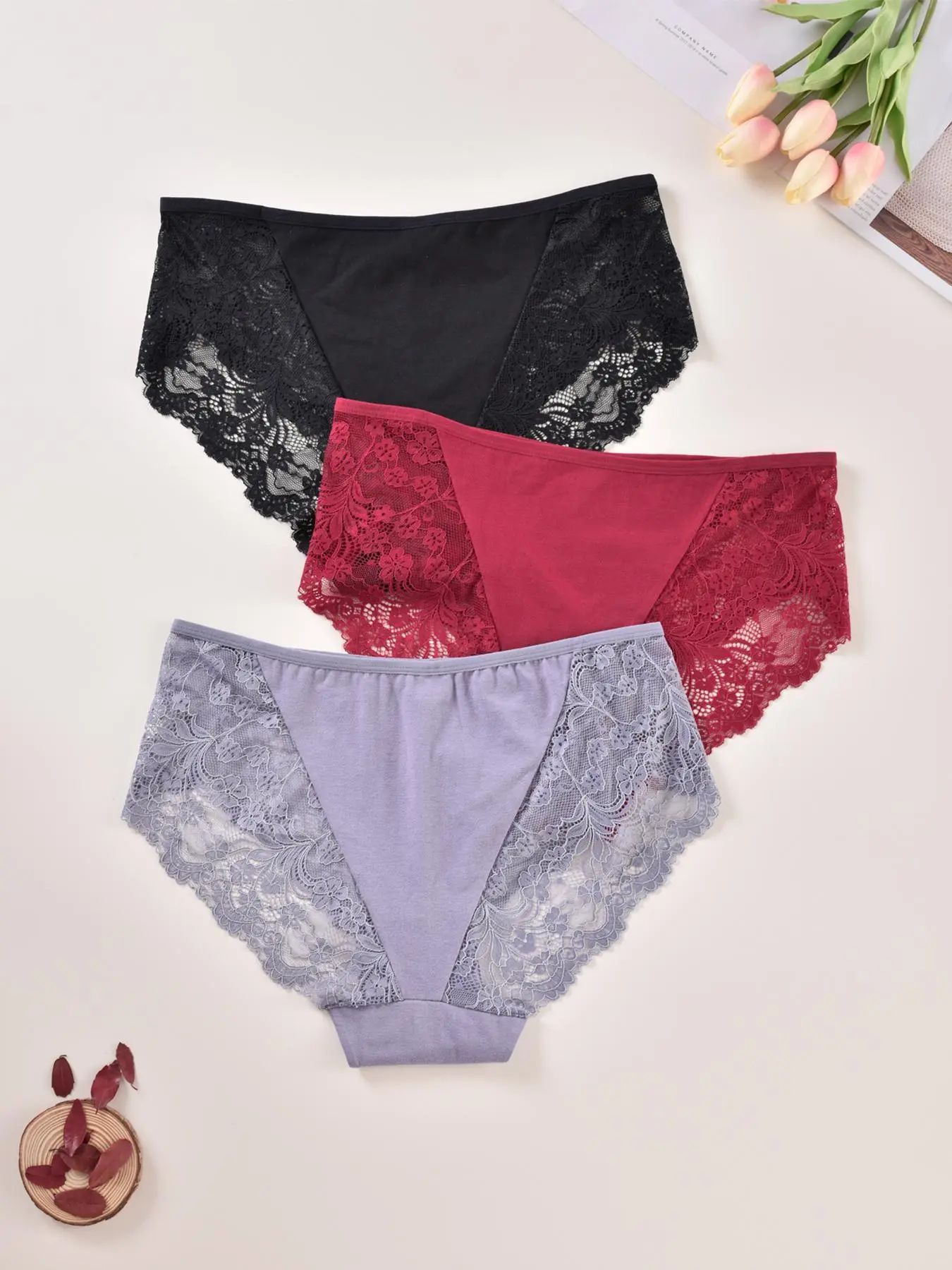 Plus Size 3pcs Floral Lace High Waist Knicker, Soft Comfy Breathable Panty For Daily Wear, Women's Underwear Bottoms For All Seasons