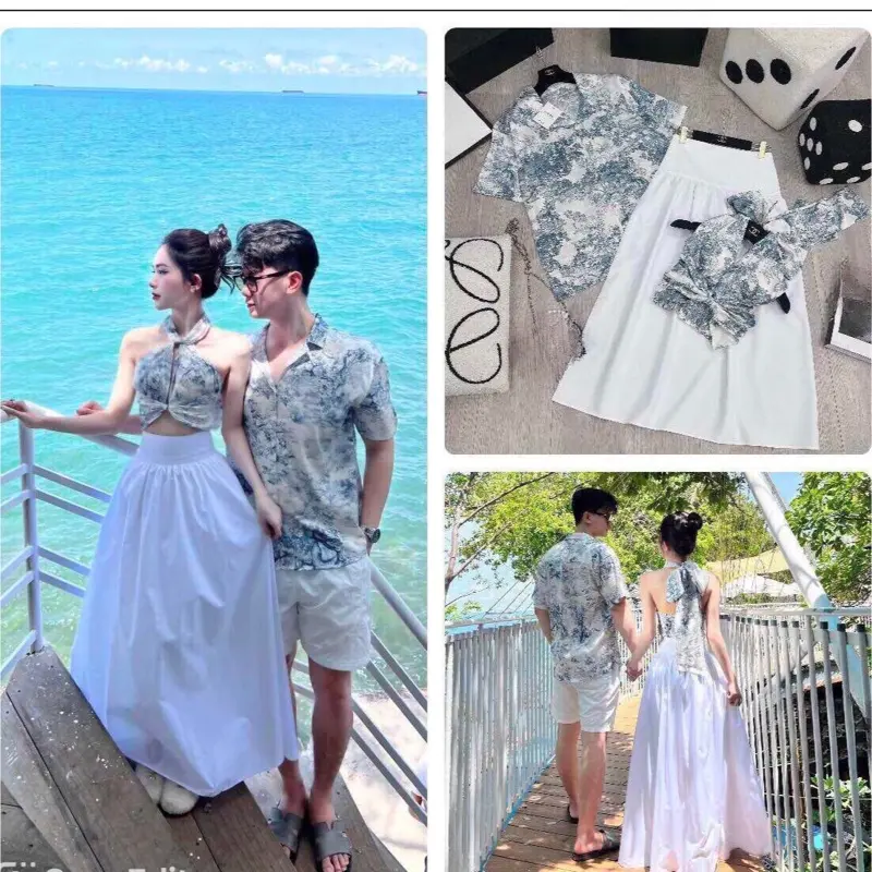 Set đồ đôi nam nữ đi biển màu loang phối chân váy trắng xoè sang trọng