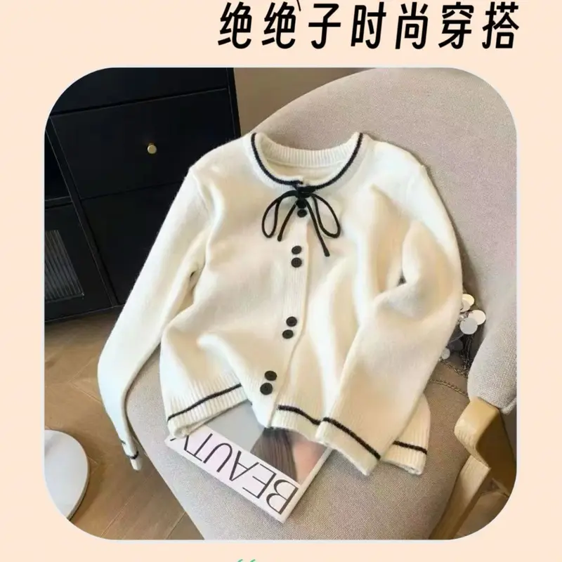 Áo Khoác Kafuu Phong Cách Pháp, Dáng Rộng Vừa Vặn, Áo Len Cardigan Có Nơ, Nhẹ Nhàng Và Thanh Lịch, Áo Len Dệt Kim, OOTD 2024 5